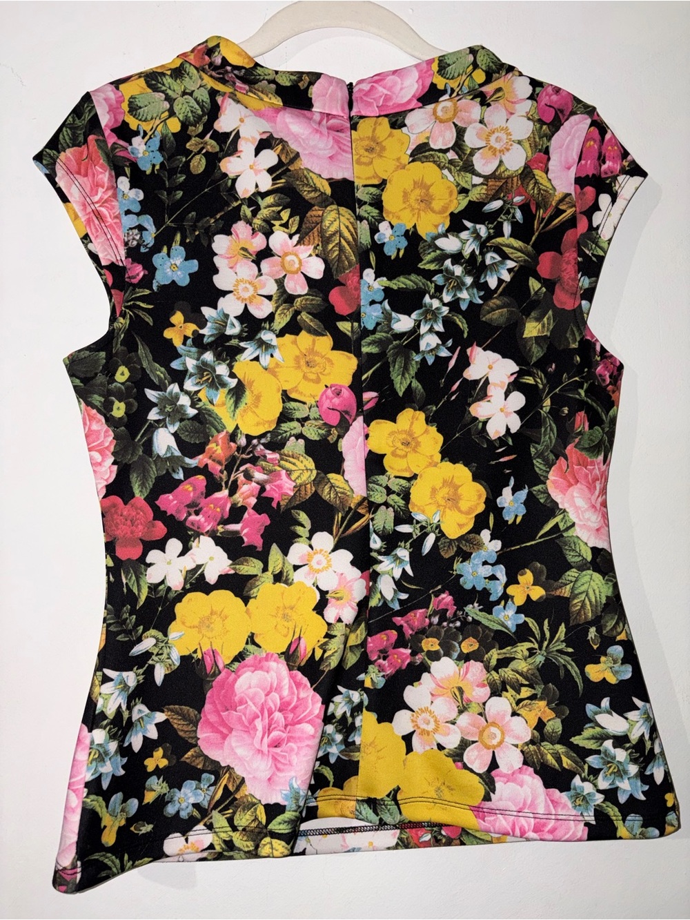 Floral Cap-Sleeve Tee in Black with Pink & Yellow Blooms - Picture 3 of 4
